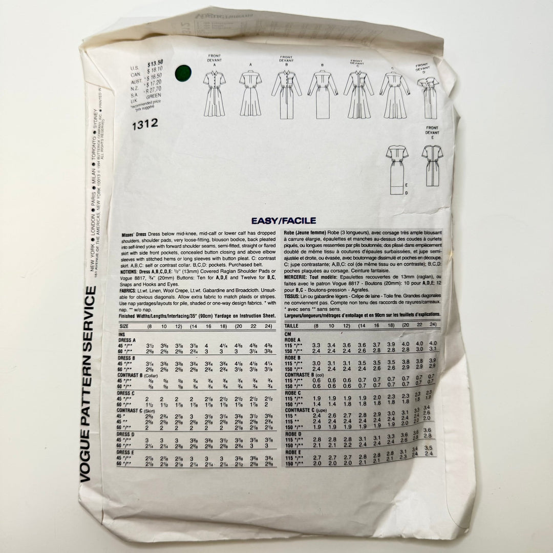 Sewing Pattern - Womenswear - Vogue 1312 - True Deadstock supplies Fabric by private - Sustainable Textile | FABCYCLE