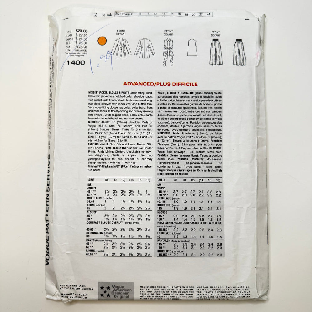 Sewing Pattern - Womenswear - Vogue 1400 - True Deadstock supplies Fabric by private - Sustainable Textile | FABCYCLE