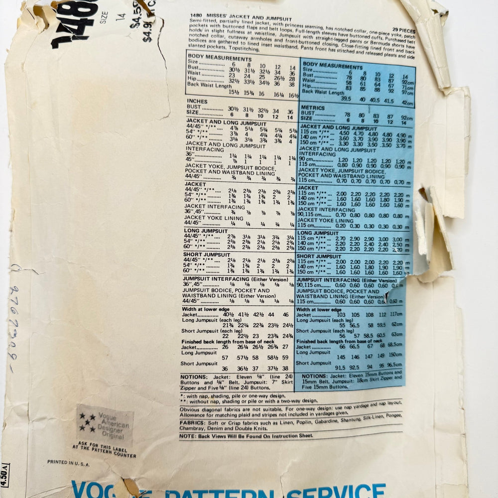 Sewing Pattern - Womenswear - Vogue 1480 - True Deadstock supplies Fabric by private - Sustainable Textile | FABCYCLE