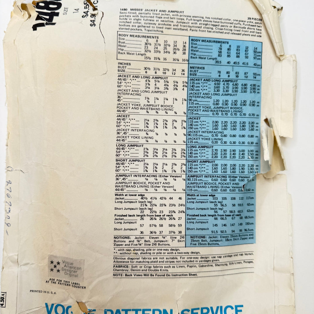 Sewing Pattern - Womenswear - Vogue 1480 - True Deadstock supplies Fabric by private - Sustainable Textile | FABCYCLE