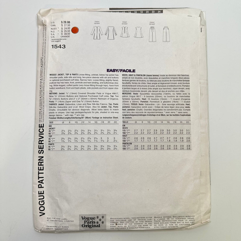 Sewing Pattern - Womenswear - Vogue 1543 - True Deadstock supplies Fabric by private - Sustainable Textile | FABCYCLE