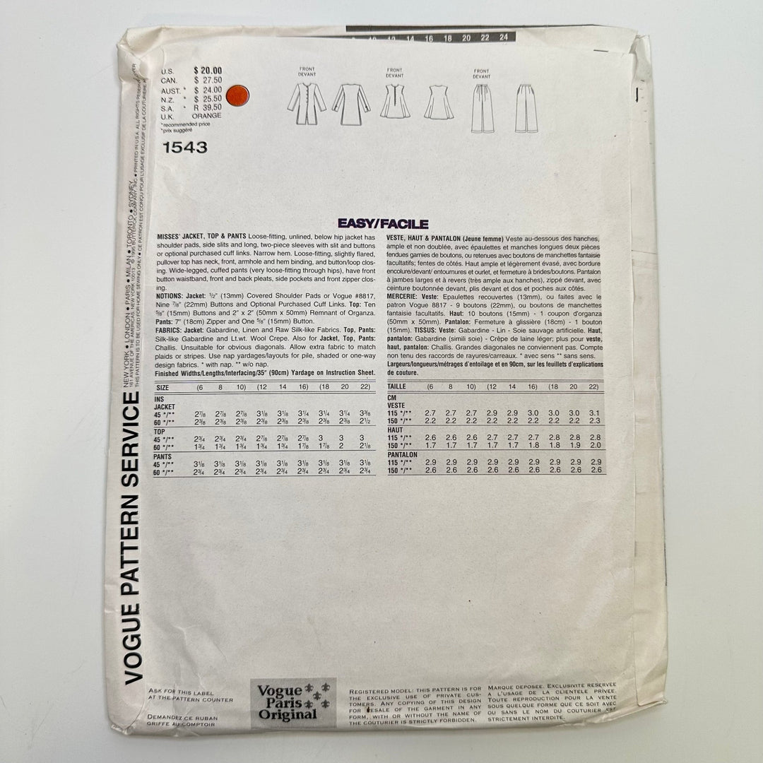 Sewing Pattern - Womenswear - Vogue 1543 - True Deadstock supplies Fabric by private - Sustainable Textile | FABCYCLE