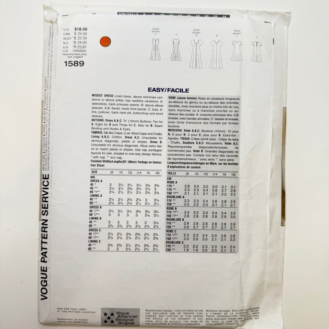 Sewing Pattern - Womenswear - Vogue 1589 - True Deadstock supplies Fabric by private - Sustainable Textile | FABCYCLE
