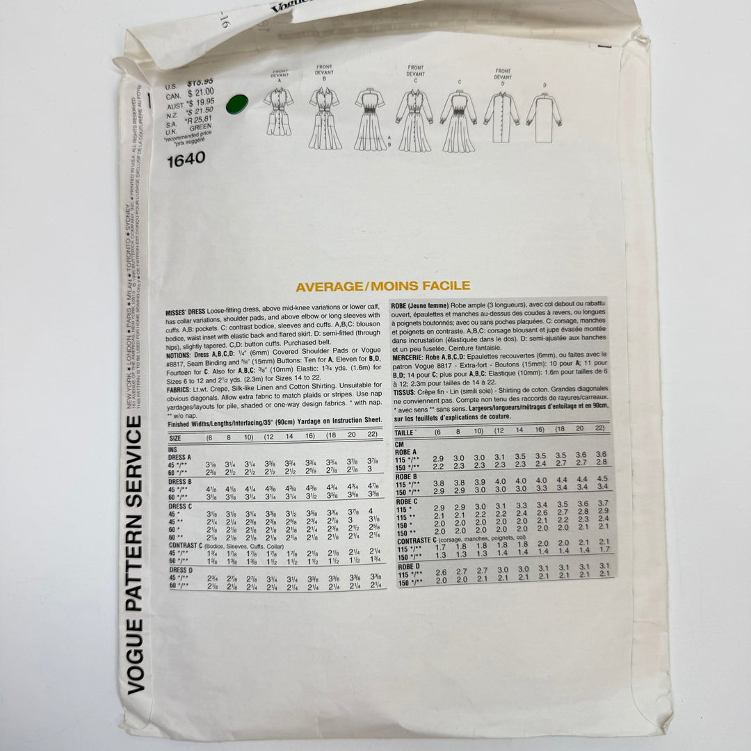 Sewing Pattern - Womenswear - Vogue 1640 - True Deadstock supplies Fabric by private - Sustainable Textile | FABCYCLE