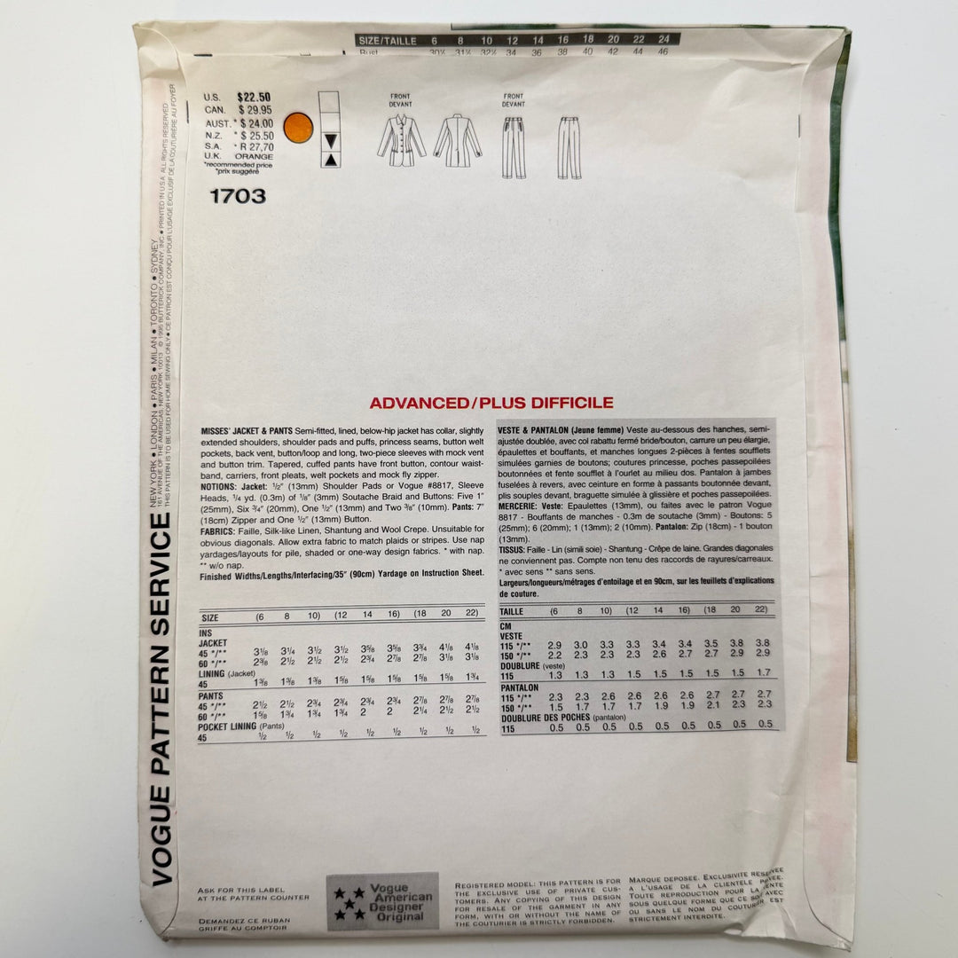 Sewing Pattern - Womenswear - Vogue 1703 - True Deadstock supplies Fabric by private - Sustainable Textile | FABCYCLE