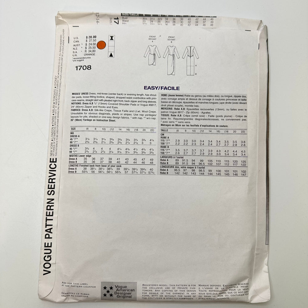 Sewing Pattern - Womenswear - Vogue 1708 - True Deadstock supplies Fabric by private - Sustainable Textile | FABCYCLE
