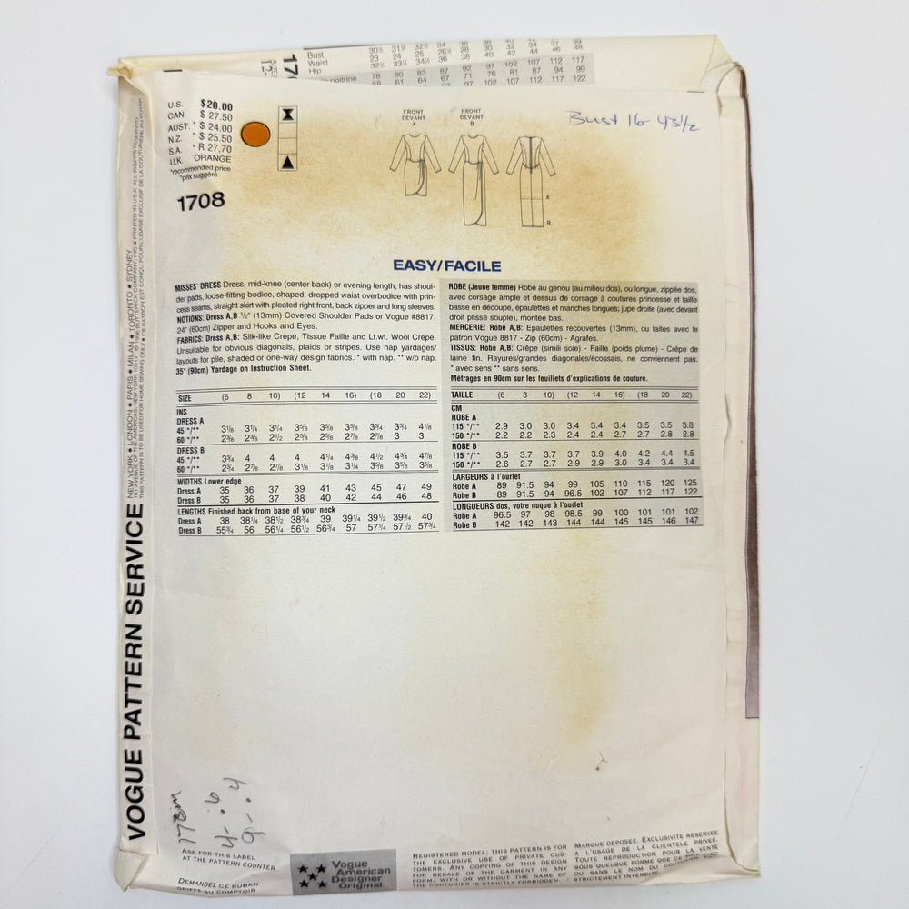 Sewing Pattern - Womenswear - Vogue 1708 - True Deadstock supplies Fabric by private - Sustainable Textile | FABCYCLE