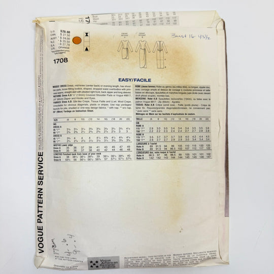 Sewing Pattern - Womenswear - Vogue 1708 - True Deadstock supplies Fabric by private - Sustainable Textile | FABCYCLE