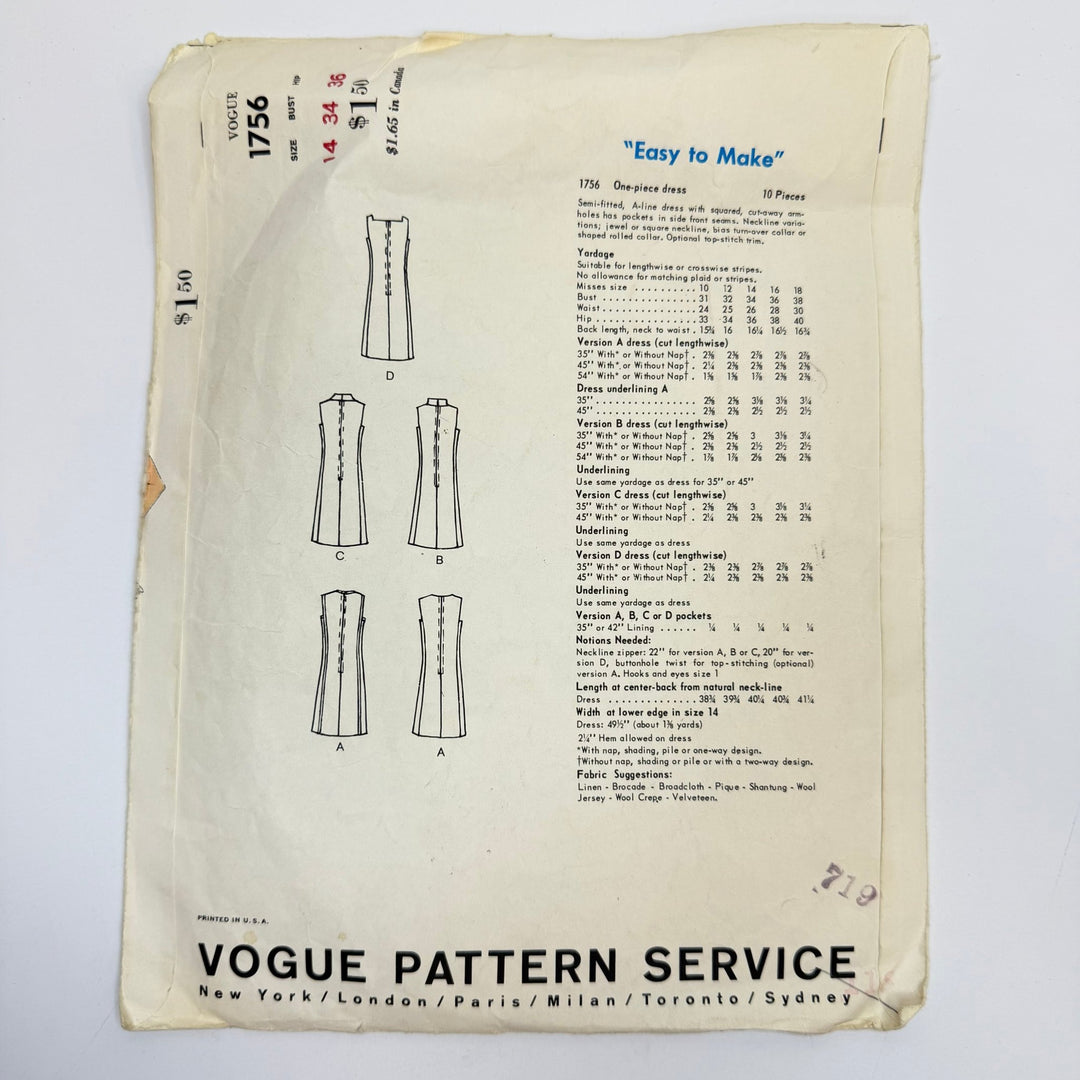 Sewing Pattern - Womenswear - Vogue 1756 - True Deadstock supplies Fabric by private - Sustainable Textile | FABCYCLE