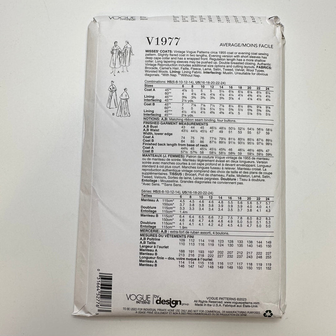 Sewing Pattern - Womenswear - Vogue 1977 - True Deadstock supplies Fabric by private - Sustainable Textile | FABCYCLE