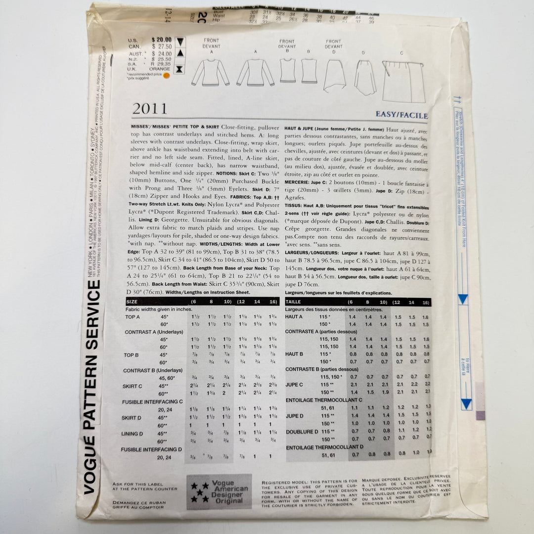 Sewing Pattern - Womenswear - Vogue 2011 - True Deadstock supplies Fabric by private - Sustainable Textile | FABCYCLE