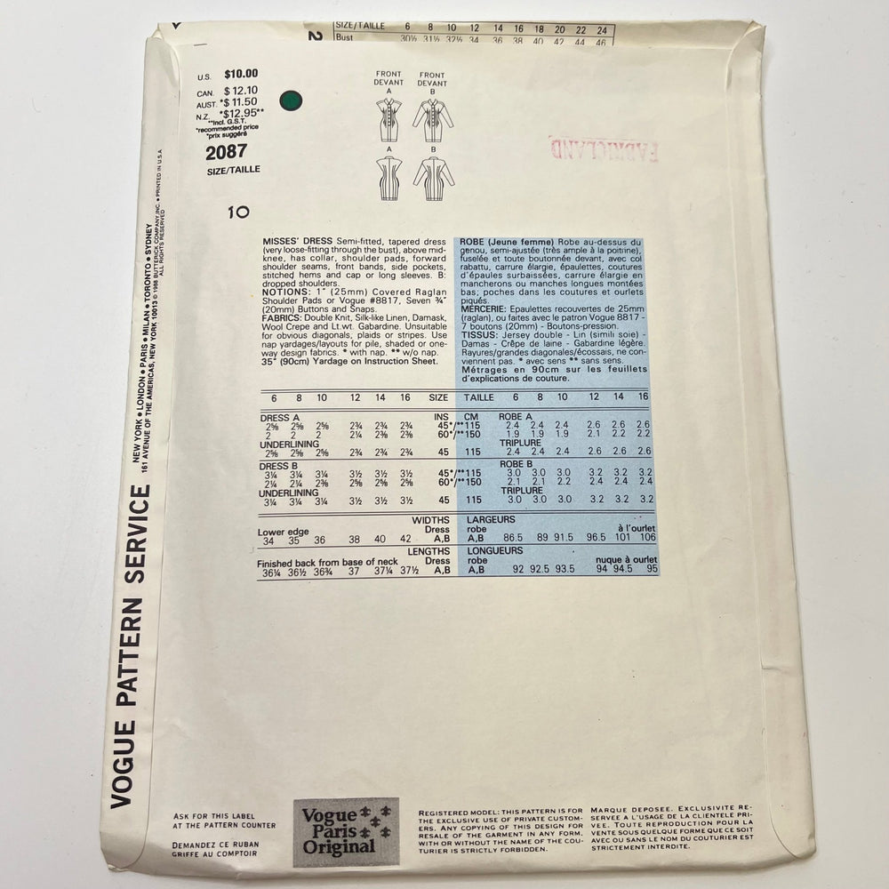 Sewing Pattern - Womenswear - Vogue 2087 - True Deadstock supplies Fabric by private - Sustainable Textile | FABCYCLE