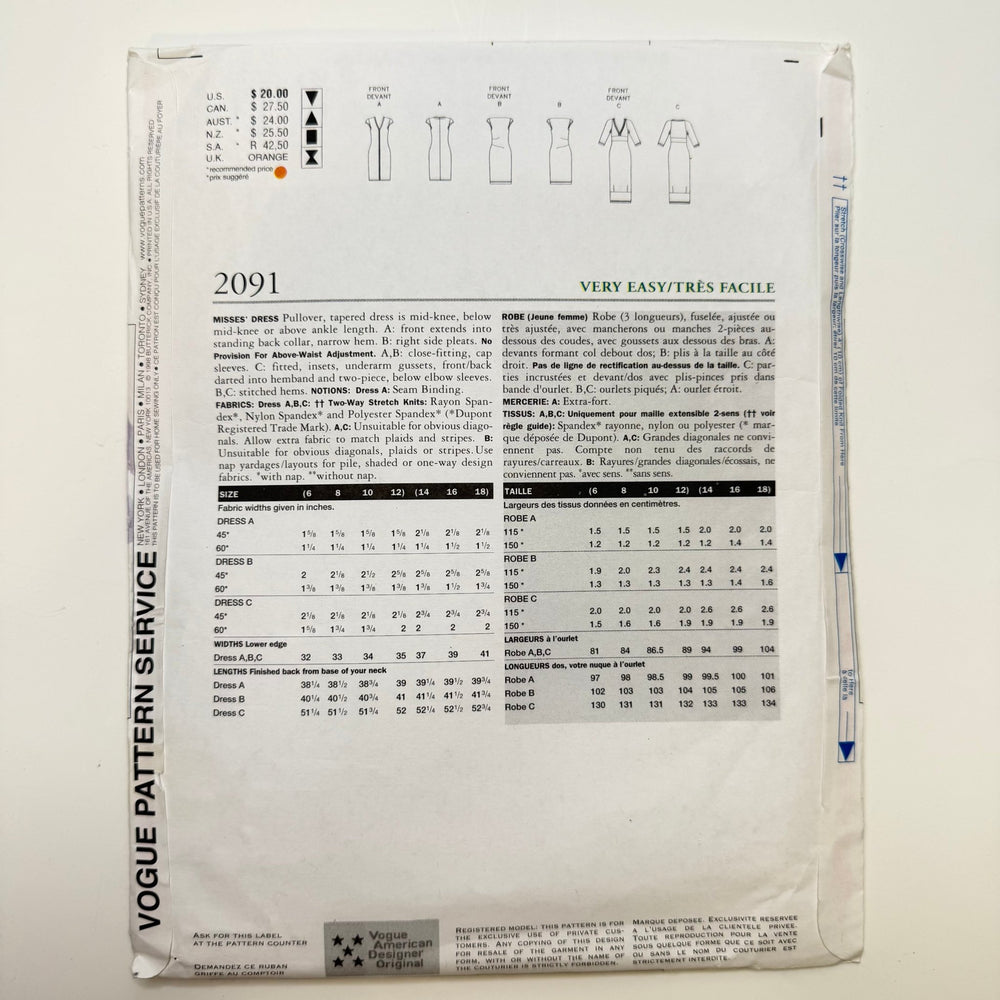 Sewing Pattern - Womenswear - Vogue 2091 - True Deadstock supplies Fabric by private - Sustainable Textile | FABCYCLE