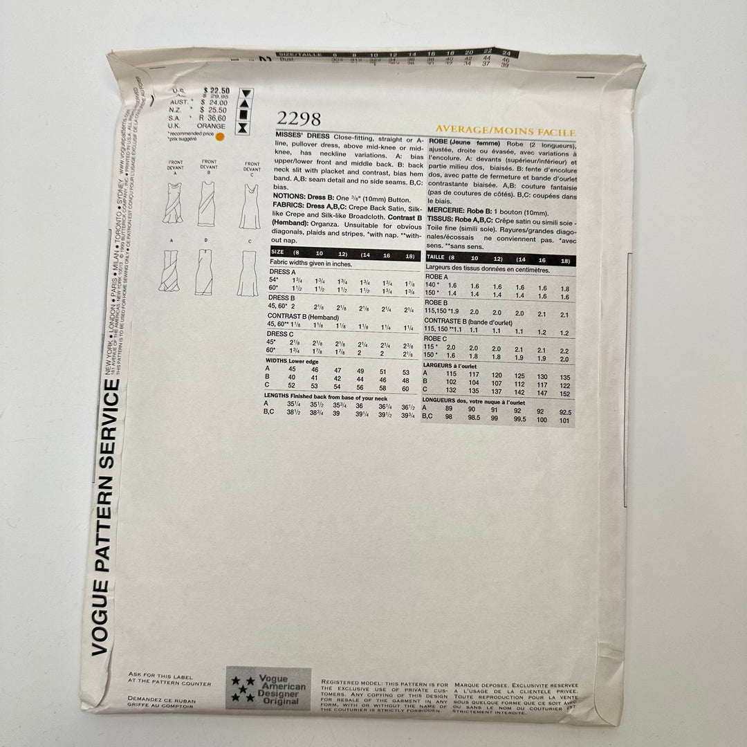 Sewing Pattern - Womenswear - Vogue 2298 - True Deadstock supplies Fabric by private - Sustainable Textile | FABCYCLE