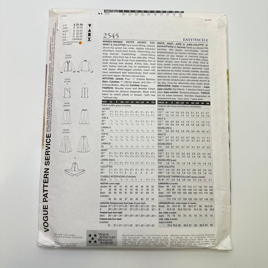 Sewing Pattern - Womenswear - Vogue 2545 - True Deadstock supplies Fabric by private - Sustainable Textile | FABCYCLE