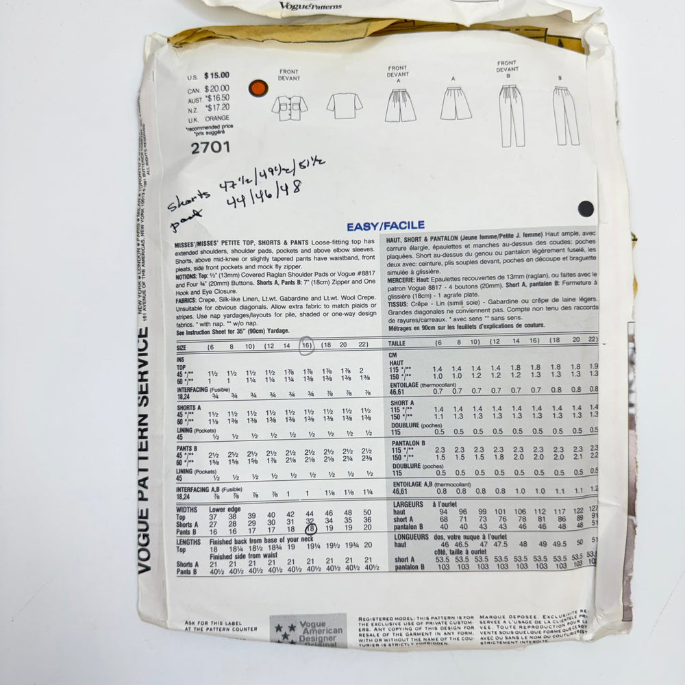 Sewing Pattern - Womenswear - Vogue 2701 - True Deadstock supplies Fabric by private - Sustainable Textile | FABCYCLE
