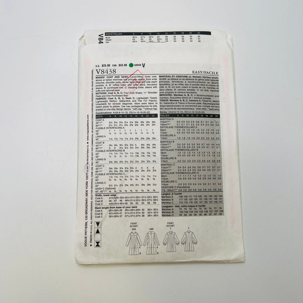 Sewing Pattern - Womenswear - Vogue 8438 - True Deadstock supplies Fabric by private - Sustainable Textile | FABCYCLE