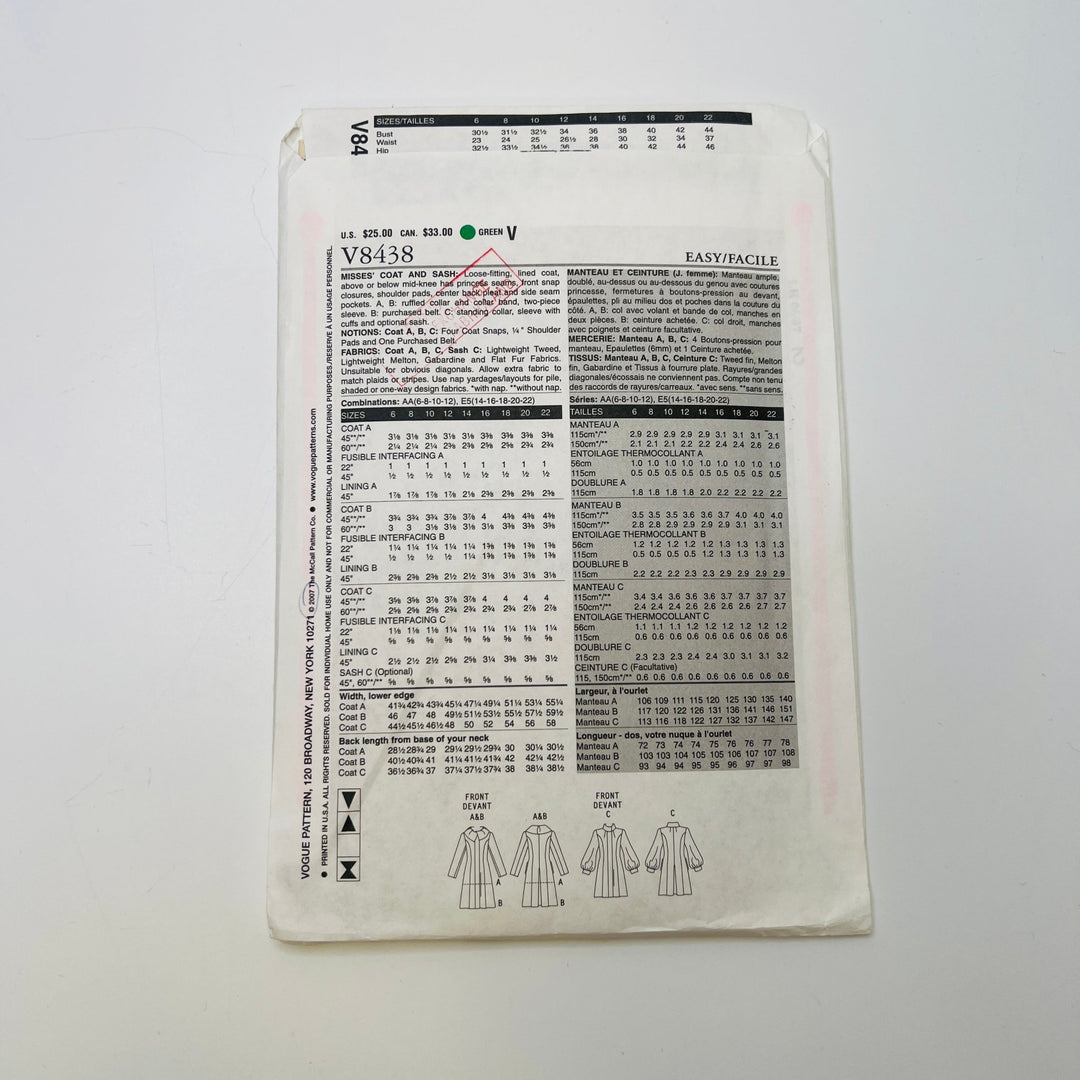 Sewing Pattern - Womenswear - Vogue 8438 - True Deadstock supplies Fabric by private - Sustainable Textile | FABCYCLE