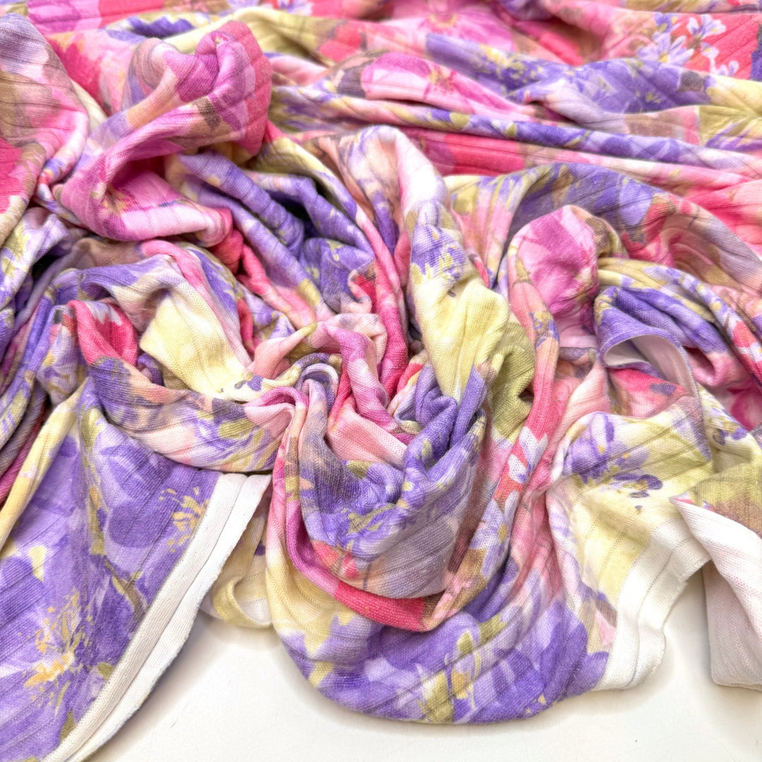 Stem And Leaf Plot - Rib Knit Polyester Blend Knit - Light Purple/Pink Floral - 1.7M Bundle - True Deadstock fabric Fabric by private - Sustainable Textile | FABCYCLE