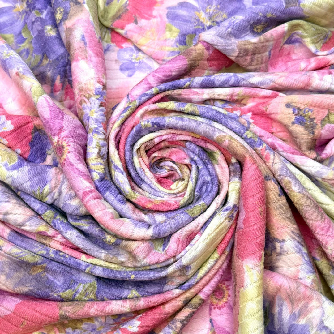 Stem And Leaf Plot - Rib Knit Polyester Blend Knit - Light Purple/Pink Floral - 1.7M Bundle - True Deadstock fabric Fabric by private - Sustainable Textile | FABCYCLE