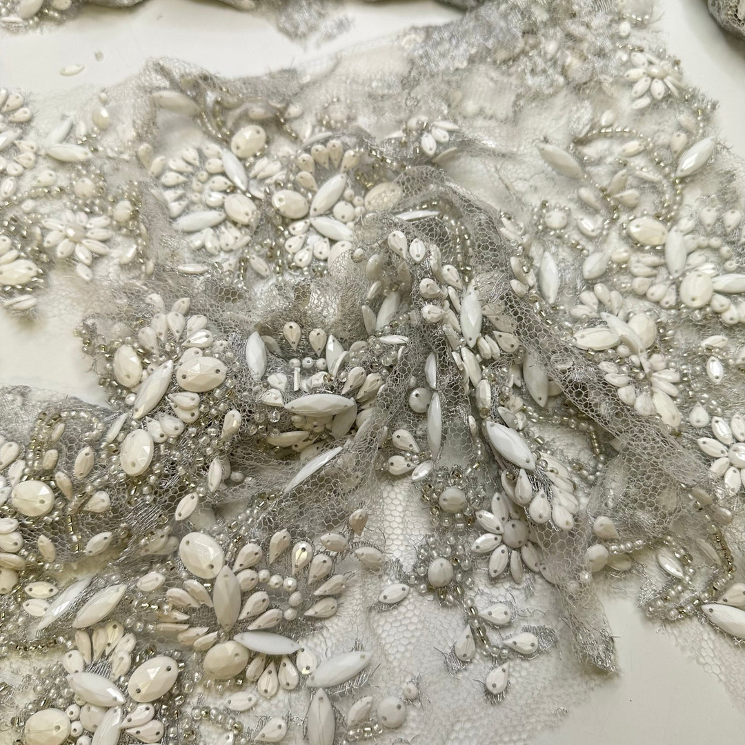 Stonehenge - Beaded Mesh Synthetic Blend Knit - Silver/White Floral - Off Cut Pack - True Deadstock fabric Fabric by private - Sustainable Textile | FABCYCLE
