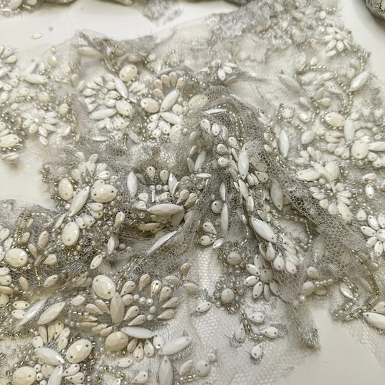 Stonehenge - Beaded Mesh Synthetic Blend Knit - Silver/White Floral - Off Cut Pack - True Deadstock fabric Fabric by private - Sustainable Textile | FABCYCLE