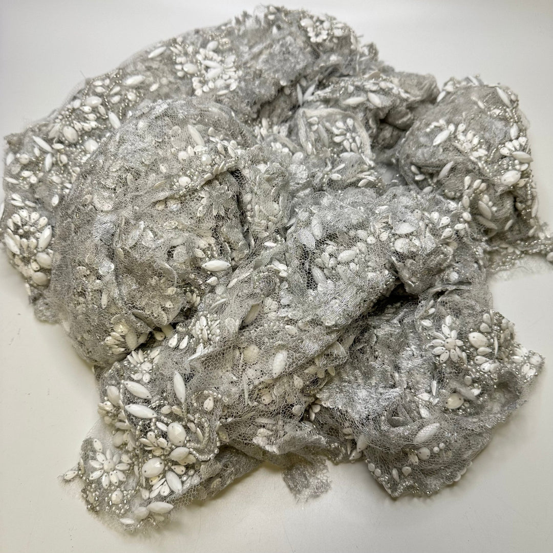 Stonehenge - Beaded Mesh Synthetic Blend Knit - Silver/White Floral - Off Cut Pack - True Deadstock fabric Fabric by private - Sustainable Textile | FABCYCLE