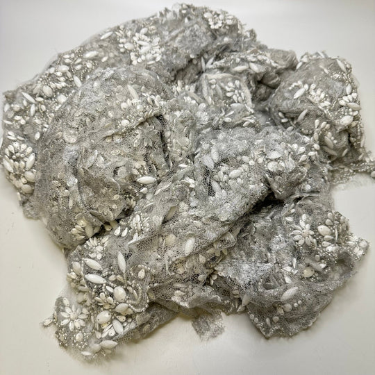 Stonehenge - Beaded Mesh Synthetic Blend Knit - Silver/White Floral - Off Cut Pack - True Deadstock fabric Fabric by private - Sustainable Textile | FABCYCLE