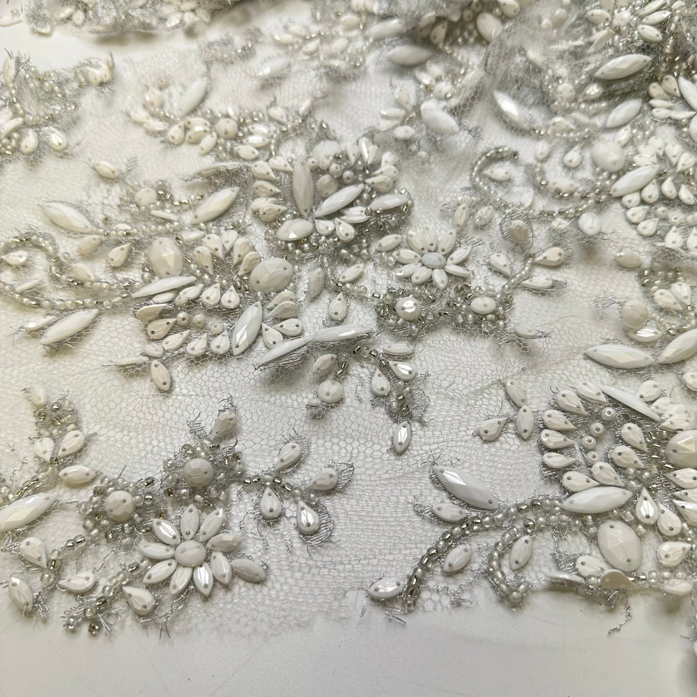 Stonehenge - Beaded Mesh Synthetic Blend Knit - Silver/White Floral - Off Cut Pack - True Deadstock fabric Fabric by private - Sustainable Textile | FABCYCLE
