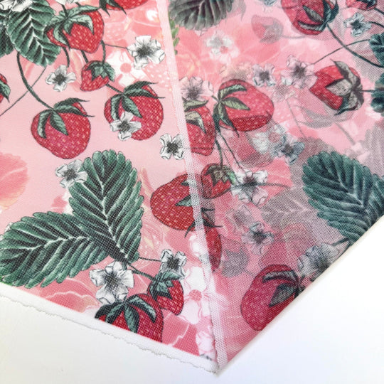 Strawberry Patch - Mesh Poly/Spandex Knit - Pink/Green Strawberries - 1M Bundle - True Deadstock fabric Fabric by private - Sustainable Textile | FABCYCLE