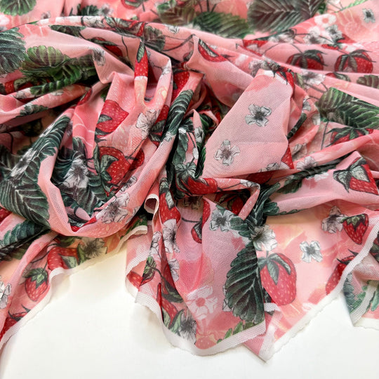 Strawberry Patch - Mesh Poly/Spandex Knit - Pink/Green Strawberries - 1M Bundle - True Deadstock fabric Fabric by private - Sustainable Textile | FABCYCLE