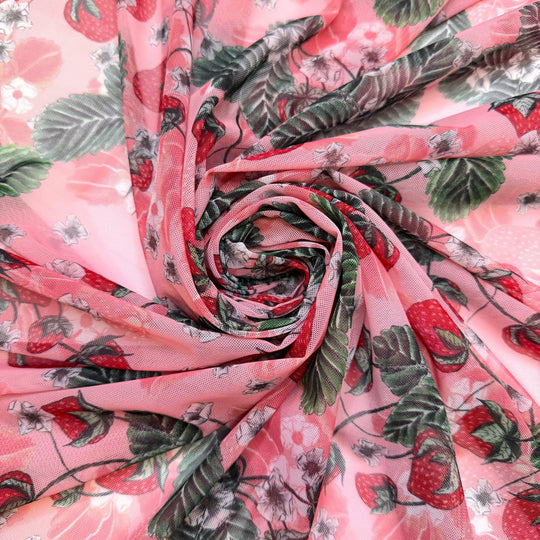 Strawberry Patch - Mesh Poly/Spandex Knit - Pink/Green Strawberries - 1M Bundle - True Deadstock fabric Fabric by private - Sustainable Textile | FABCYCLE