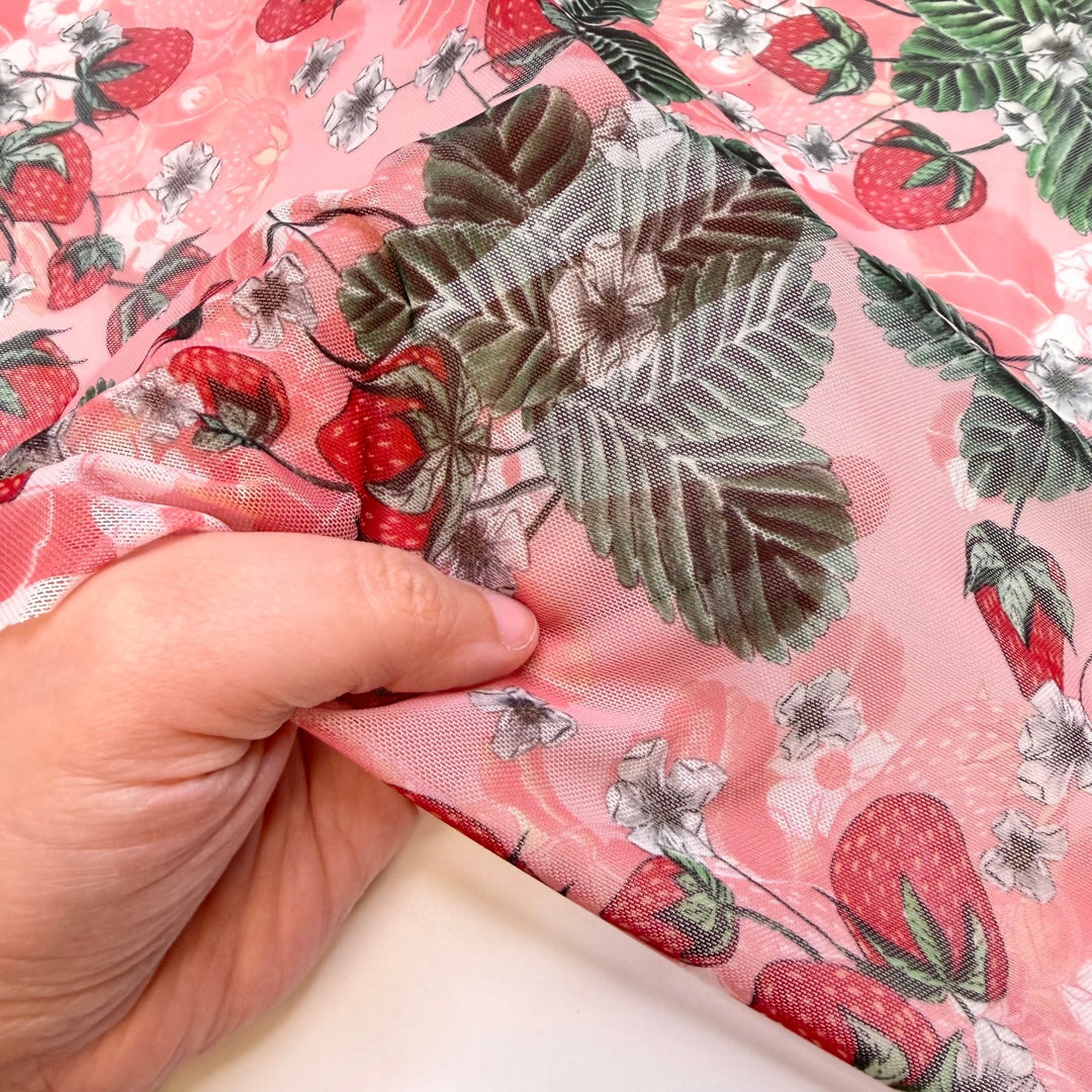Strawberry Patch - Mesh Poly/Spandex Knit - Pink/Green Strawberries - 1M Bundle - True Deadstock fabric Fabric by private - Sustainable Textile | FABCYCLE