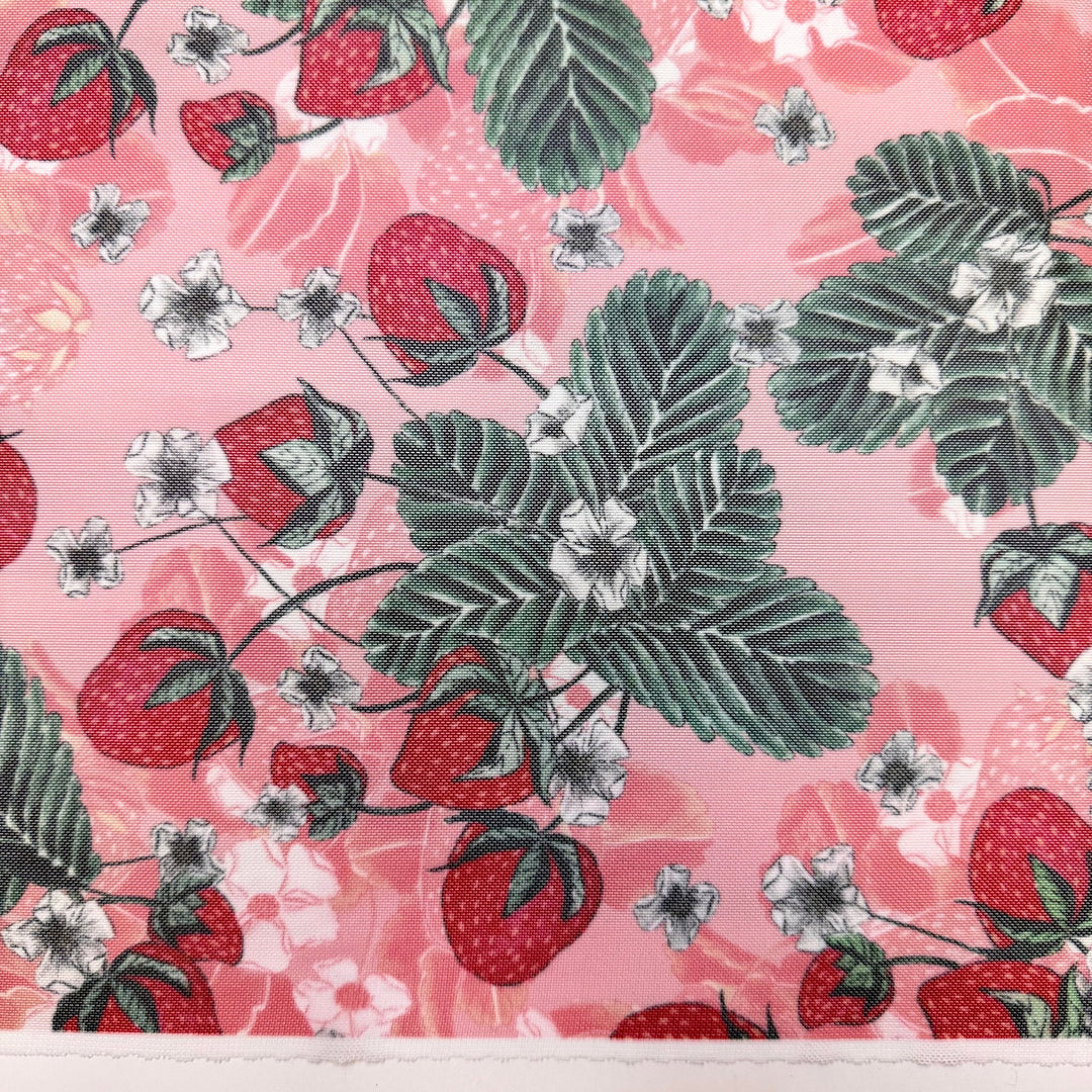 Strawberry Patch - Mesh Poly/Spandex Knit - Pink/Green Strawberries - 1M Bundle - True Deadstock fabric Fabric by private - Sustainable Textile | FABCYCLE