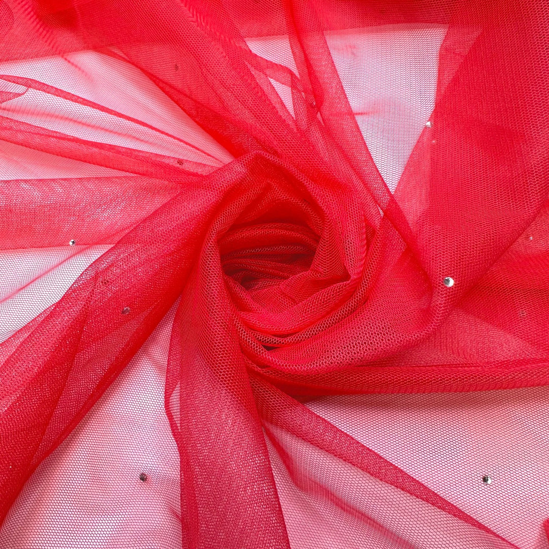 Stunning Summer Sunsets - Rhinestones Tulle Poly Knit - Pink - 2.4M Bundle - True Deadstock fabric Fabric by private - Sustainable Textile | FABCYCLE