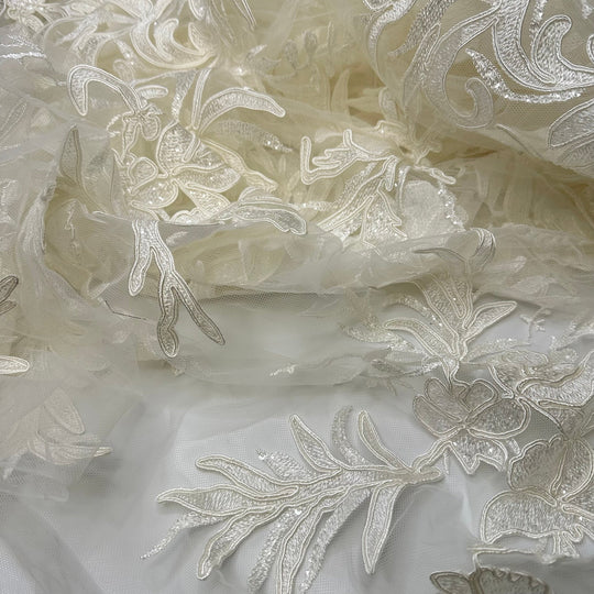 Such A Special Moment - Embroidered With Sequins Tulle Poly Knit - Ivory Floral - Bundles - True Deadstock fabric Fabric by private - Sustainable Textile | FABCYCLE