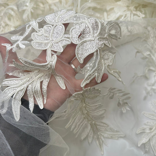 Such A Special Moment - Embroidered With Sequins Tulle Poly Knit - Ivory Floral - Bundles - True Deadstock fabric Fabric by private - Sustainable Textile | FABCYCLE