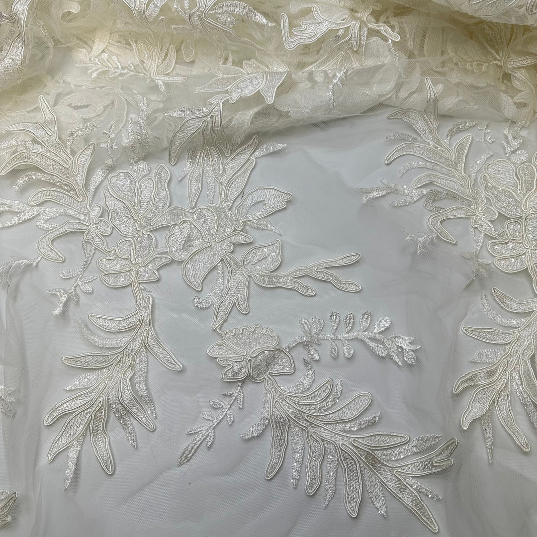 Such A Special Moment - Embroidered With Sequins Tulle Poly Knit - Ivory Floral - Bundles - True Deadstock fabric Fabric by private - Sustainable Textile | FABCYCLE