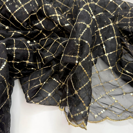 Summer Gala - Metallic Organza Polyester Blend Woven - Gold/Black Geometric - 2.1M Bundle - True Deadstock fabric Fabric by private - Sustainable Textile | FABCYCLE