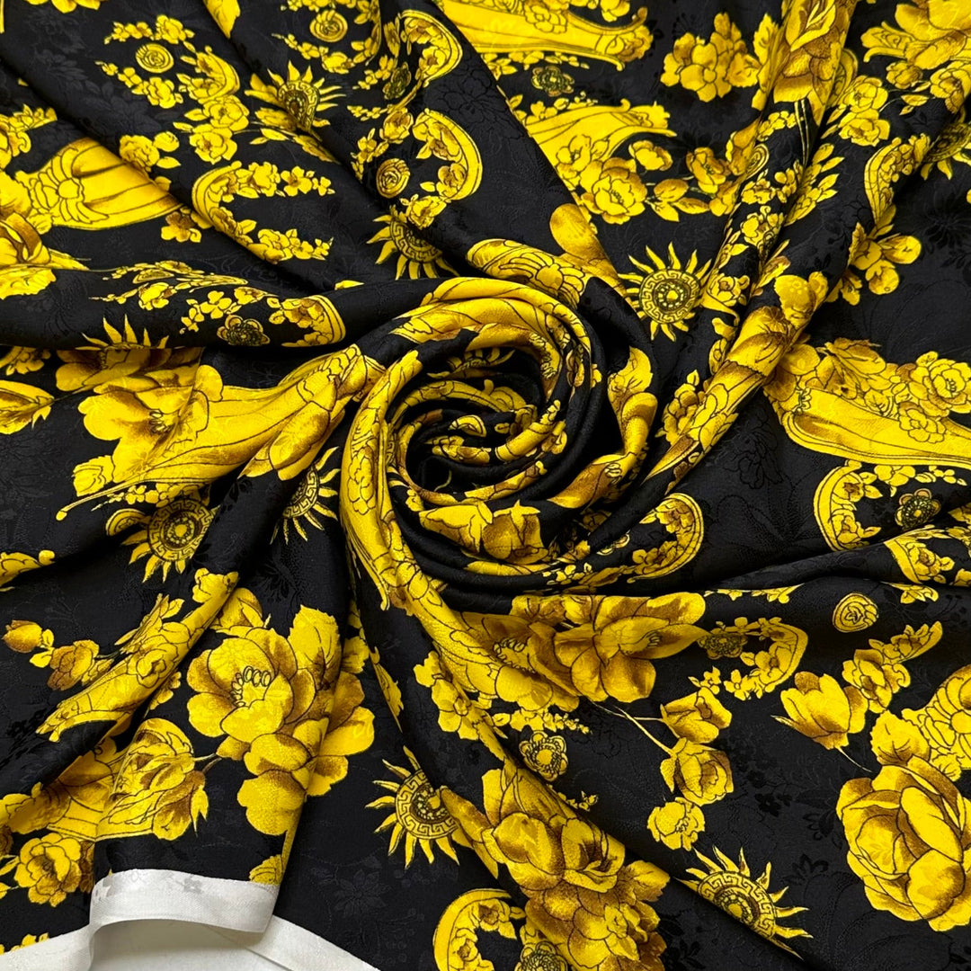 Sun God - Jacquard Satin Silk Woven - Black/Gold Floral - 1.3M Bundle - True Deadstock fabric Fabric by private - Sustainable Textile | FABCYCLE