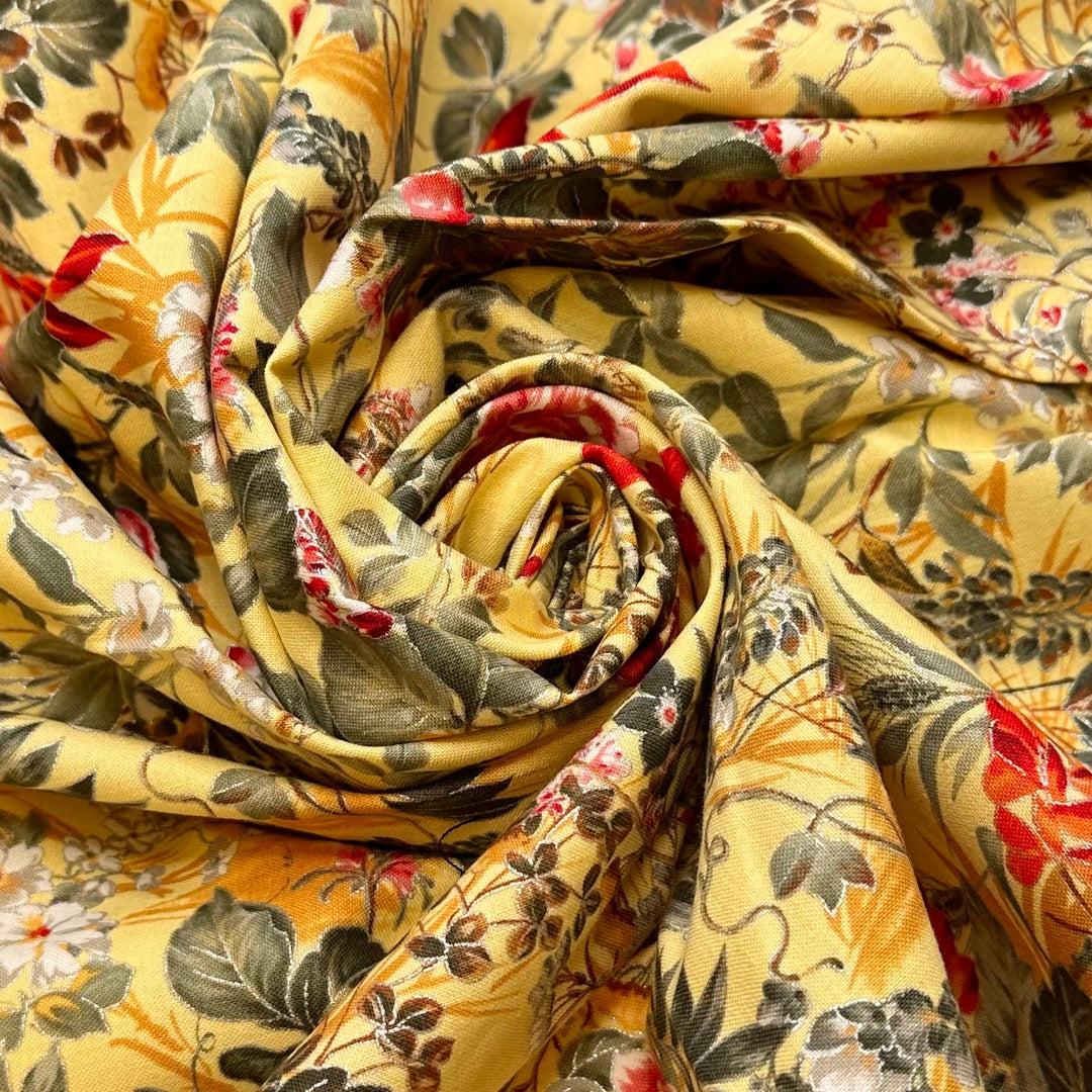 Sunny Day In The Garden - Metallic Cotton Woven - Light Yellow Multi Floral - 1M Bundle - True Deadstock fabric Fabric by private - Sustainable Textile | FABCYCLE