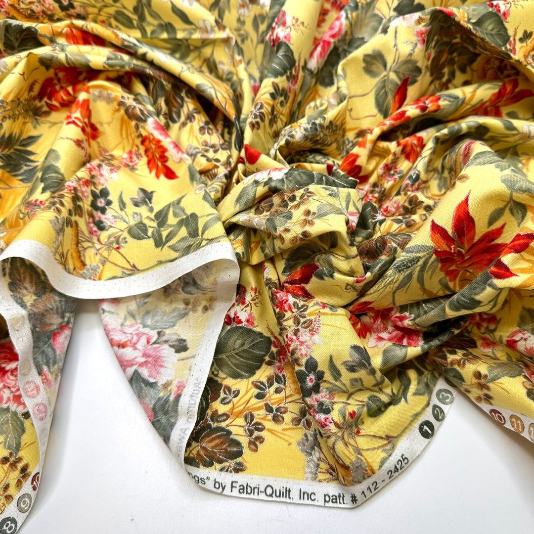 Sunny Day In The Garden - Metallic Cotton Woven - Light Yellow Multi Floral - 1M Bundle - True Deadstock fabric Fabric by private - Sustainable Textile | FABCYCLE