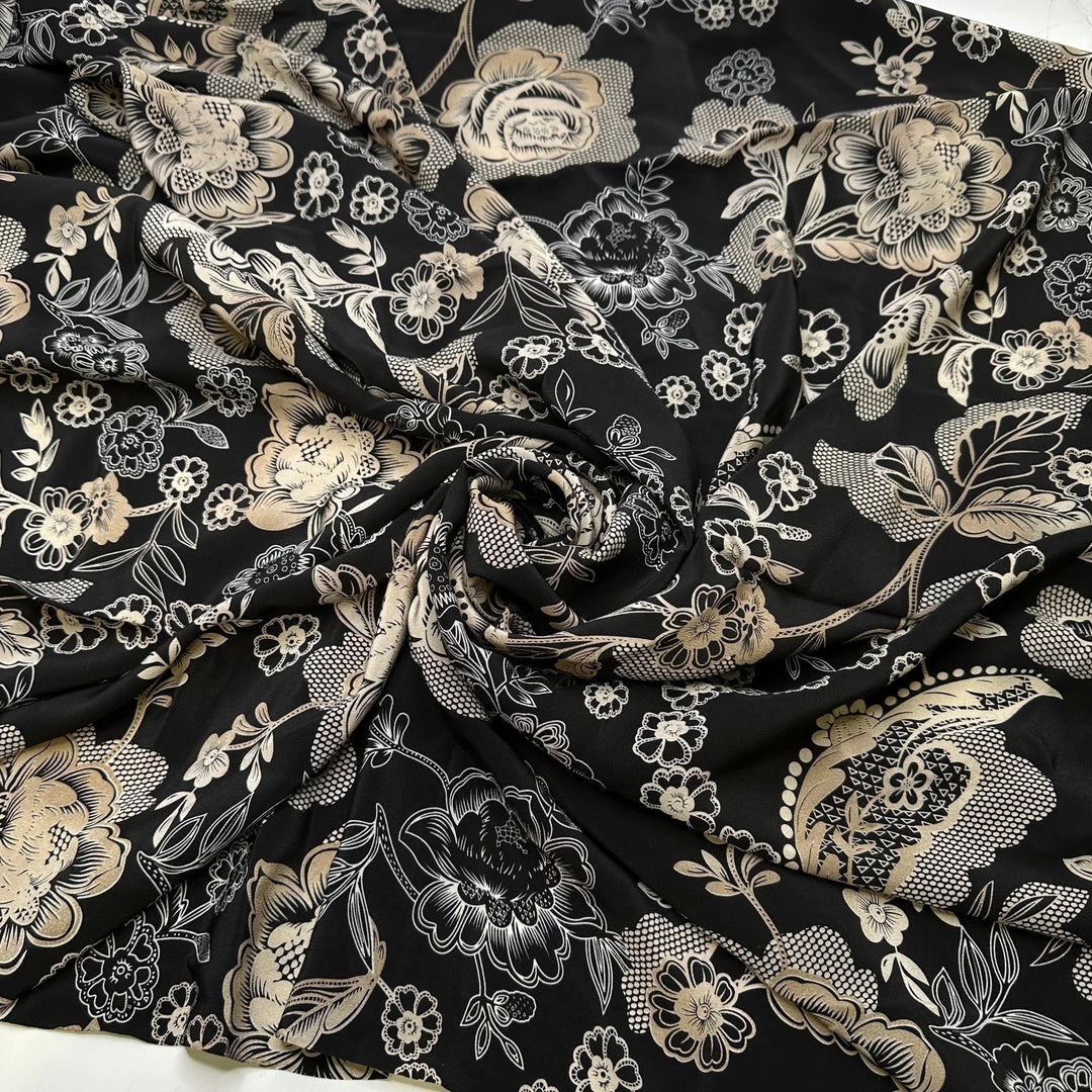 Tea Time - Chiffon Silk Woven - Black/Cream Floral - Bundles - True Deadstock fabric Fabric by private - Sustainable Textile | FABCYCLE