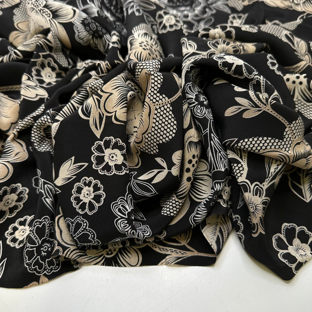 Tea Time - Chiffon Silk Woven - Black/Cream Floral - Bundles - True Deadstock fabric Fabric by private - Sustainable Textile | FABCYCLE