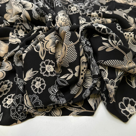 Tea Time - Chiffon Silk Woven - Black/Cream Floral - Bundles - True Deadstock fabric Fabric by private - Sustainable Textile | FABCYCLE
