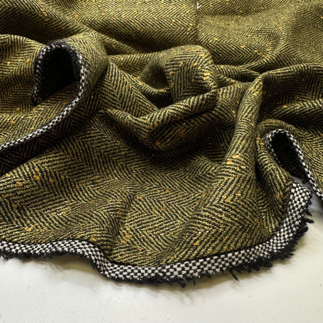 The Lucky One - Metallic Herringbone Wool Blend Woven - Green/Gold - 2M Bundle - True Deadstock fabric Fabric by private - Sustainable Textile | FABCYCLE