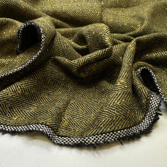 The Lucky One - Metallic Herringbone Wool Blend Woven - Green/Gold - 2M Bundle - True Deadstock fabric Fabric by private - Sustainable Textile | FABCYCLE