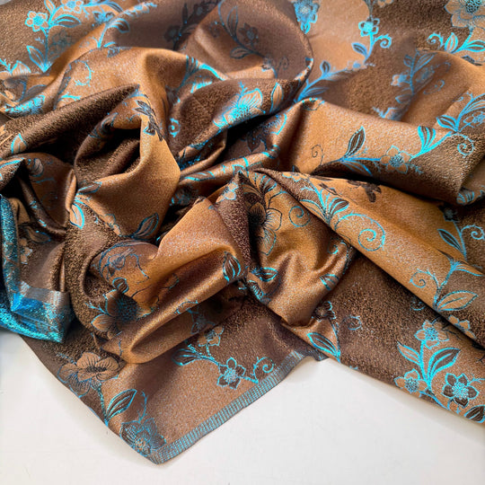 The Smell Of Brownies Baking - Metallic Jacquard Polyester Blend Woven - Brown/Blue Floral - Bundles - True Deadstock fabric Fabric by private - Sustainable Textile | FABCYCLE