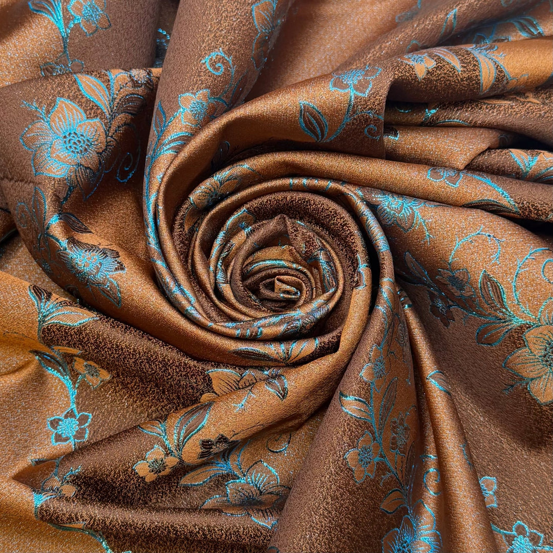 The Smell Of Brownies Baking - Metallic Jacquard Polyester Blend Woven - Brown/Blue Floral - Bundles - True Deadstock fabric Fabric by private - Sustainable Textile | FABCYCLE