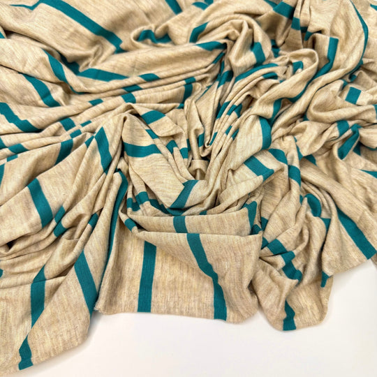 To Knit Or Not To Knit - Jersey Bamboo Blend Knit - Light Beige/Teal Stripes - 2.4M Bundle - True Deadstock fabric Fabric by private - Sustainable Textile | FABCYCLE